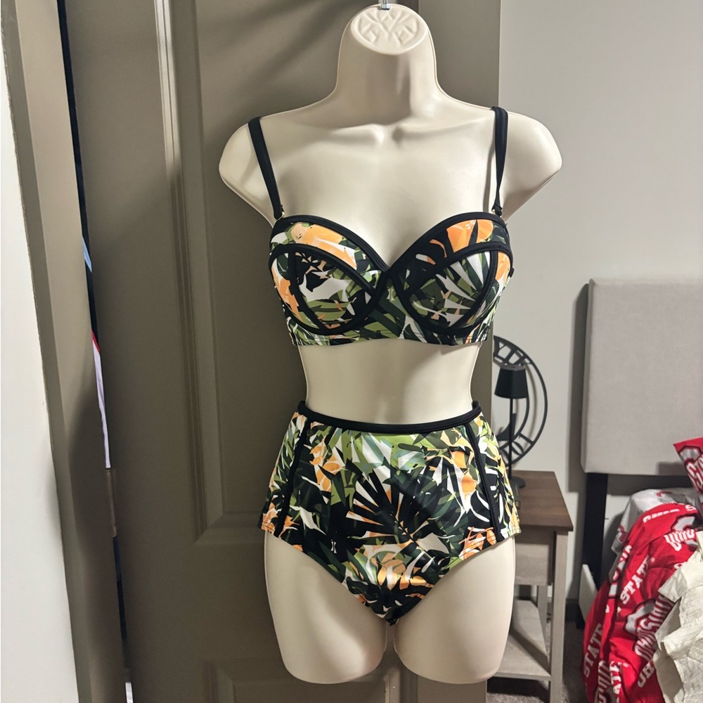 Swimsuits For All Black and Green Tropical Bikini